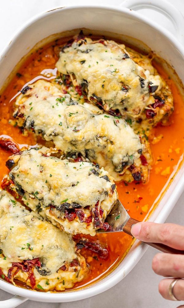 Spinach Chicken Casserole with Cream Cheese, Sun-Dried Tomatoes and Mozzarella