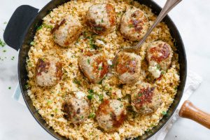 Cheesy Stuffed Turkey Meatballs with Cauliflower Rice - A rich and indulgent plate of comfort with a healthy twist!