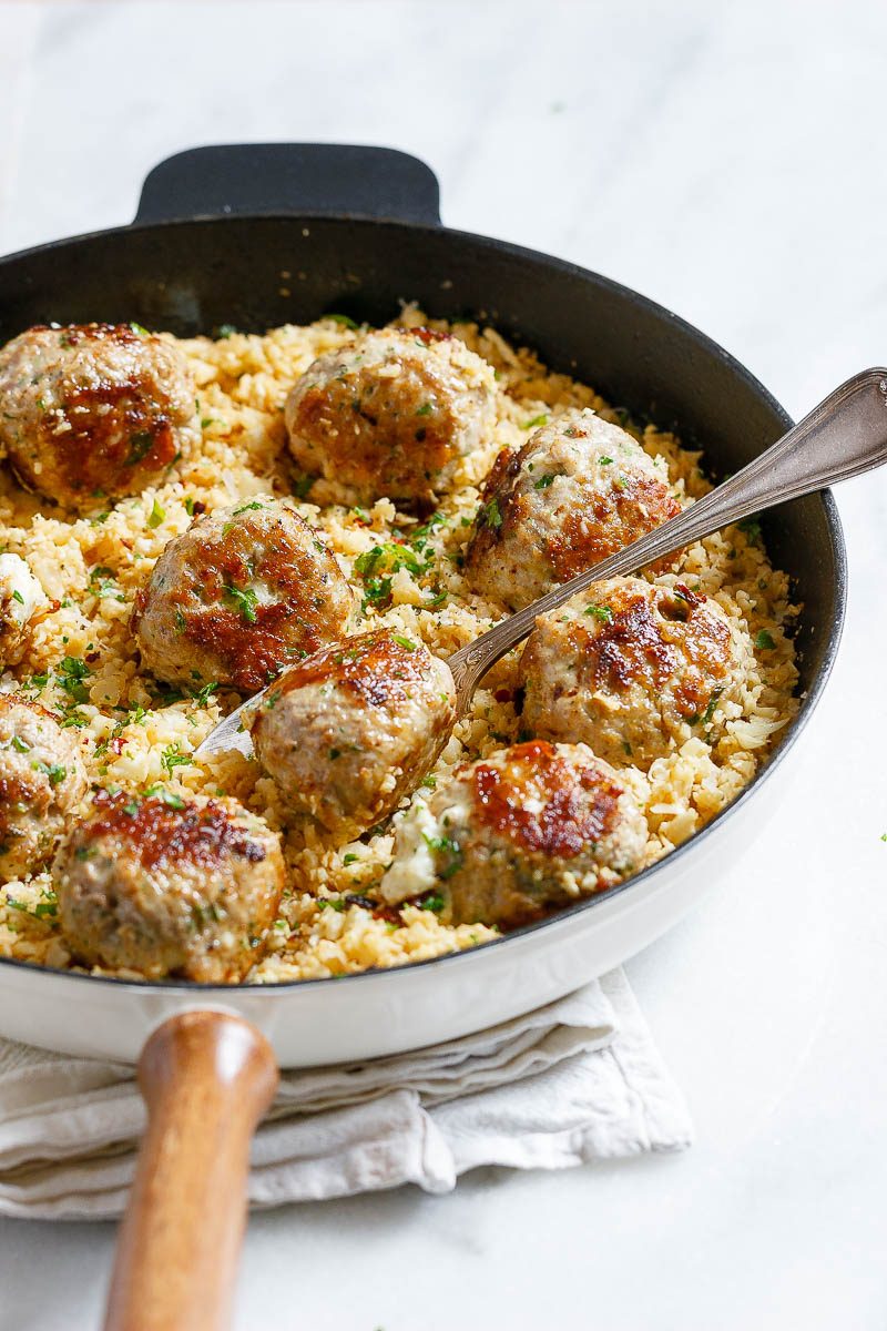 Cheesy Stuffed Turkey Meatballs with Cauliflower Rice - A rich and indulgent plate of comfort with a healthy twist! 