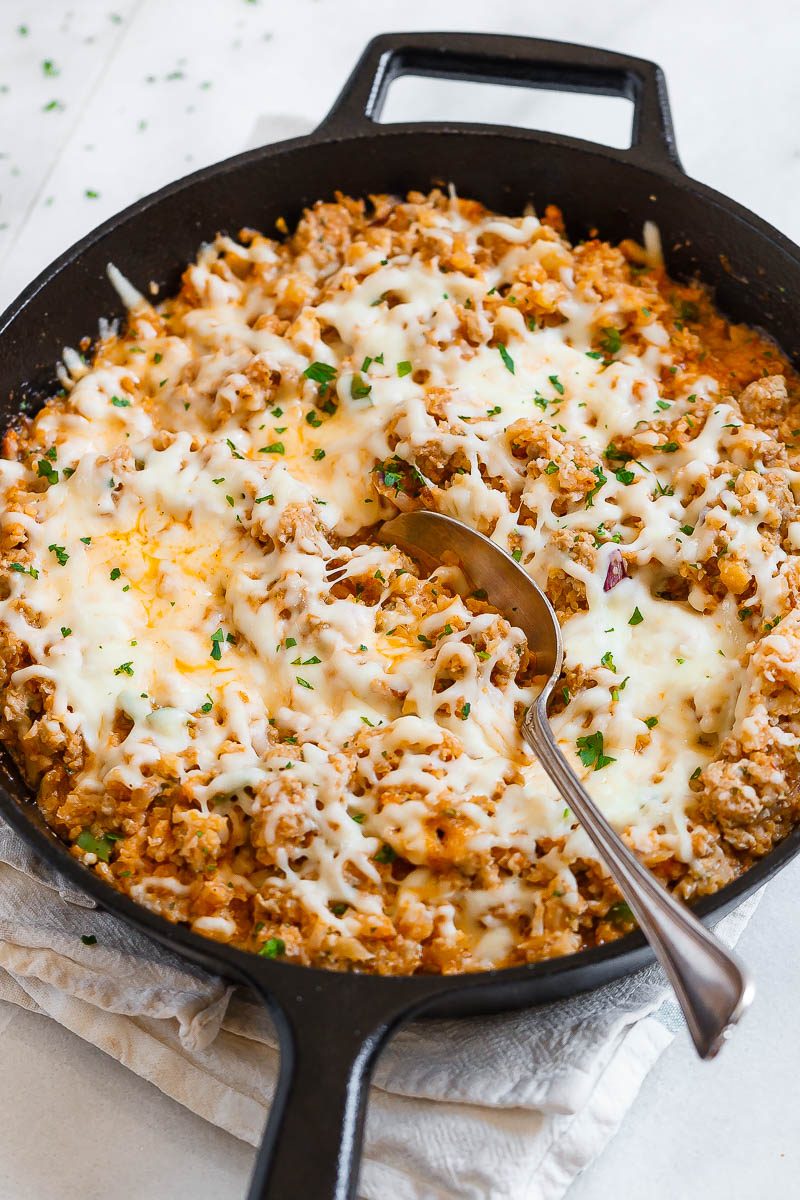 Sausage Taco Cauliflower Rice Skillet - A nutritious low-carb, keto, paleo main dish for dinner.