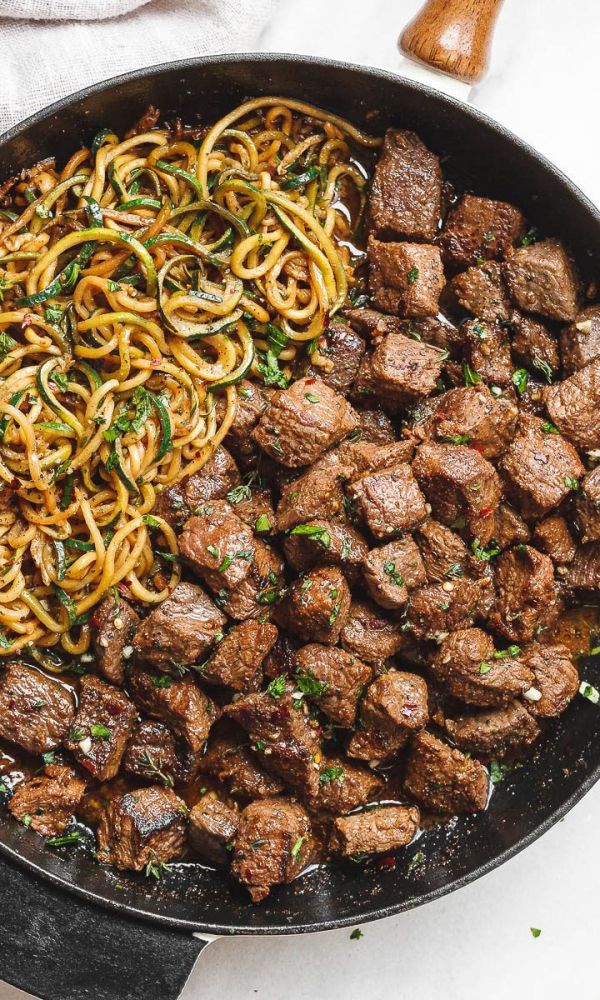 Garlic Butter Steak Bites with Lemon Zucchini Noodles