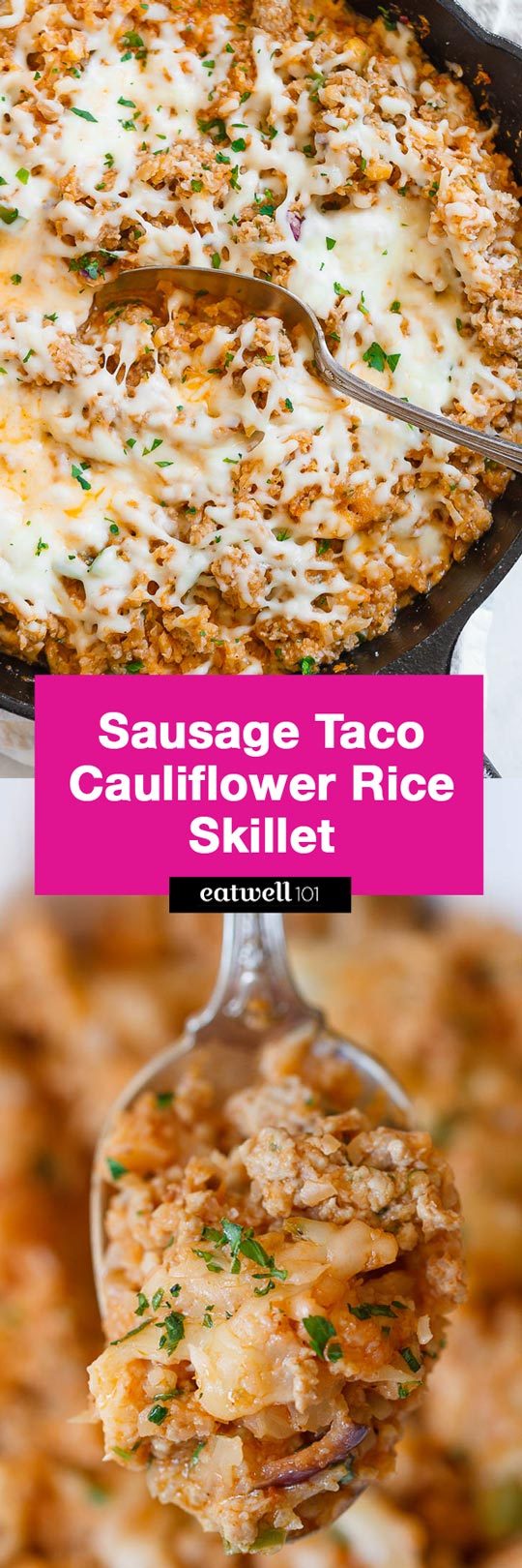 Sausage Taco Cauliflower Rice Skillet - #keto #lowcarb #eatwell101 #recipe - A nutritious low-carb, keto, paleo main dish for dinner.
