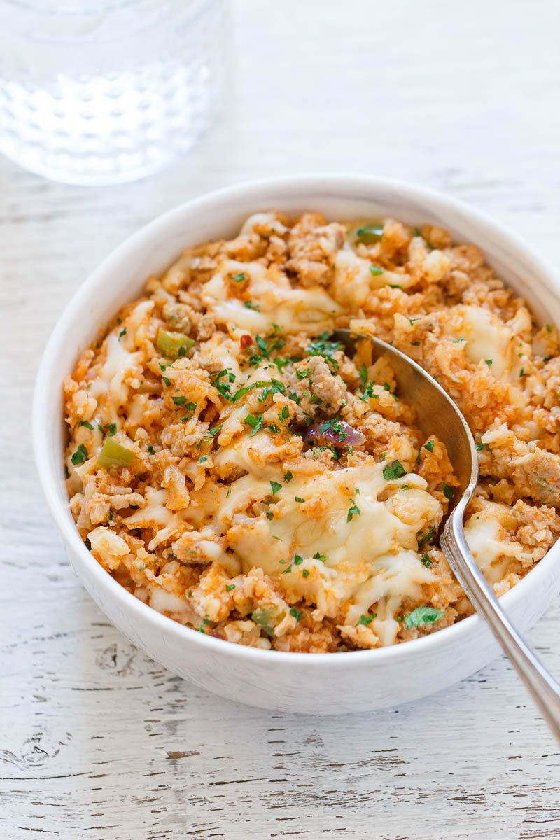 Sausage Taco Cauliflower Rice Skillet - A nutritious low-carb, keto, paleo main dish for dinner.