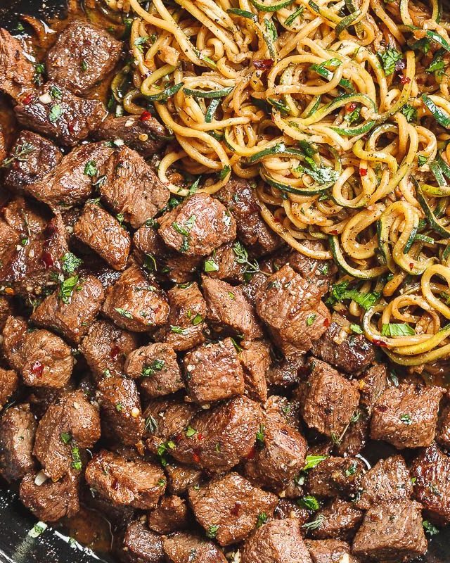 Garlic Butter Steak Bites with Lemon Zucchini Noodles - #recipe by #eatwell101 - https://www.eatwell101.com/garlic-butter-steak-bites-zucchini-noodles-recipe