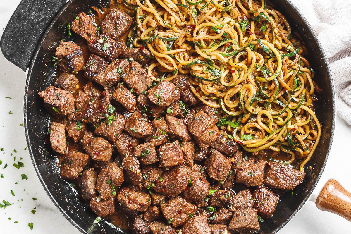 Garlic Butter Steak Bites with Lemon Zucchini Noodles