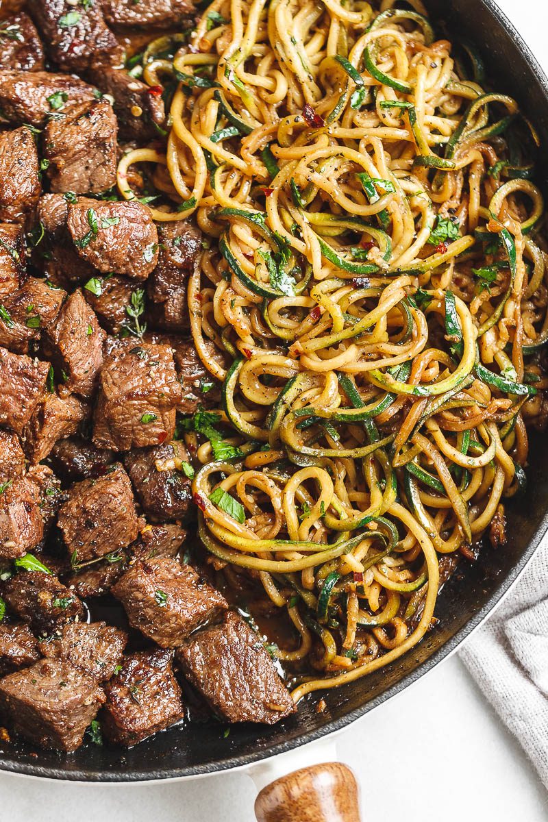 Garlic Butter Steak Bites Recipe – Steak Bites with Lemon Zucchini Noodles  — Eatwell101