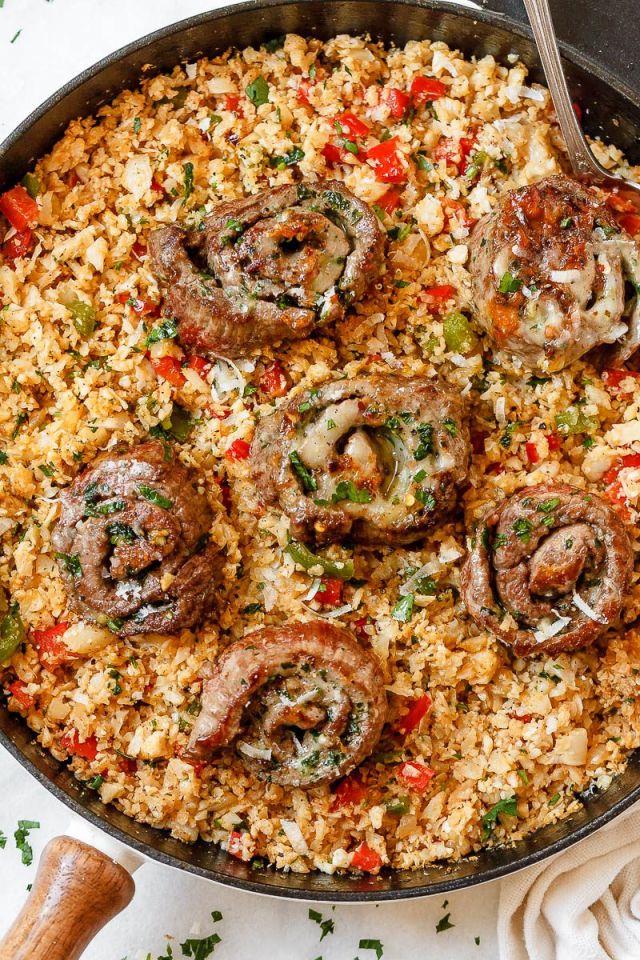 Mexican Cauliflower Rice with Cheesy Steak Roll-Ups