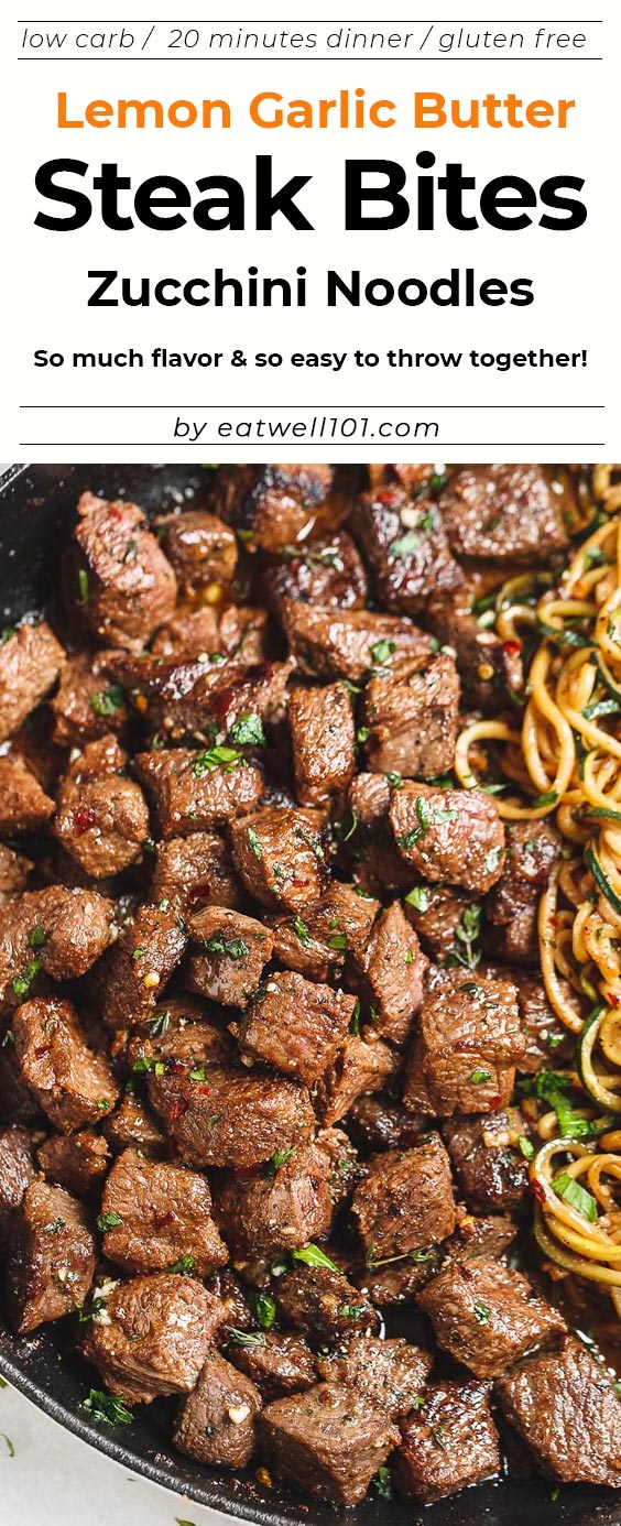 Garlic butter Steak Bites with Lemon Zucchini Noodles -  #keto #lowcarb #eatwell101 #recipe - So much flavor and so easy dinner to throw together!