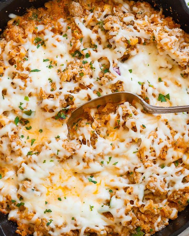 Sausage Taco Cauliflower Rice Skillet - #recipe by #eatwell101 - https://www.eatwell101.com/sausage-taco-cauliflower-rice-skillet-recipe