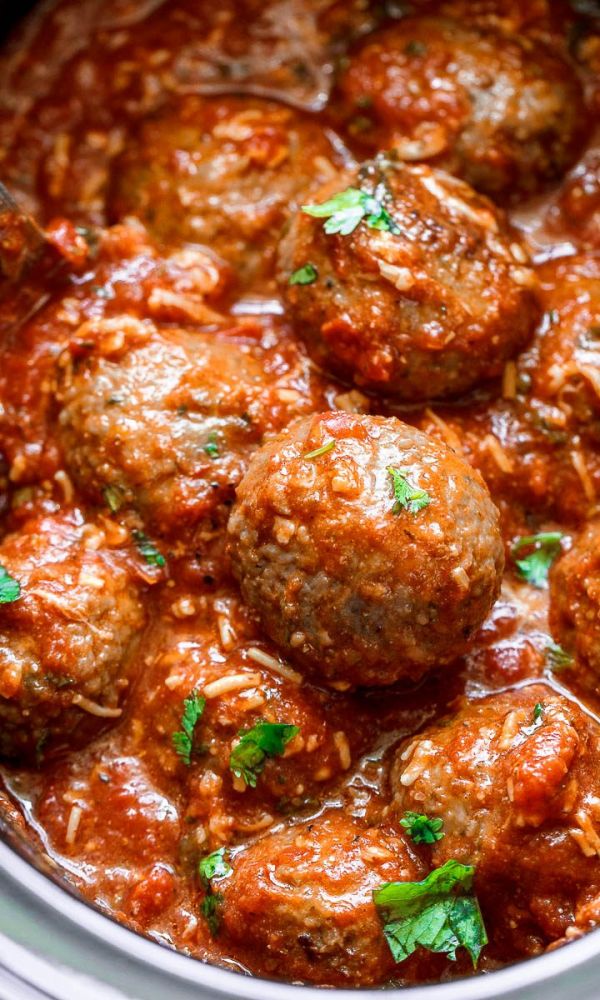 Slow Cooker Italian Sausage Meatballs in Tomato Parmesan Sauce