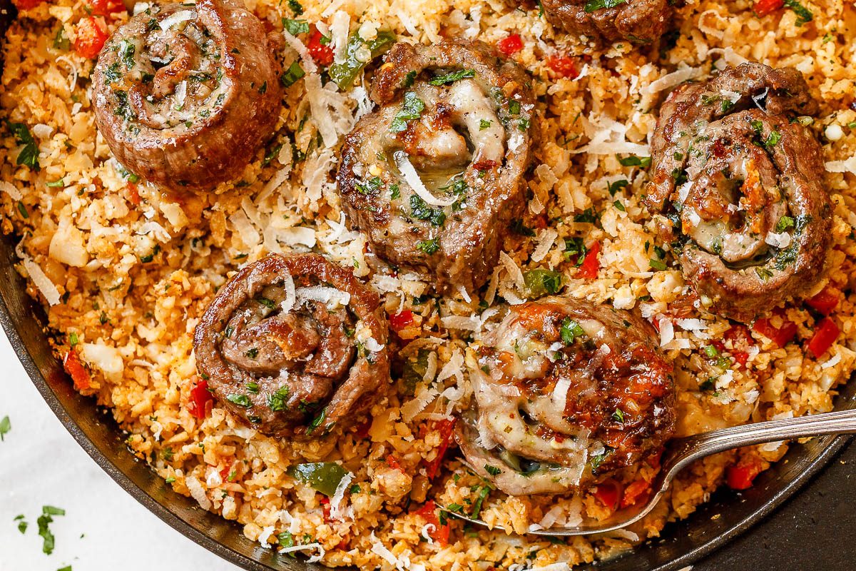 Mexican Cauliflower Rice with Cheesy Steak Roll-Ups