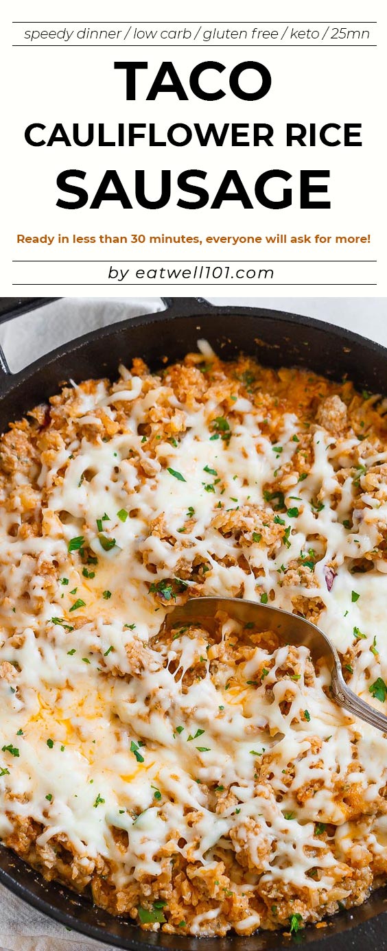 Sausage Taco Cauliflower Rice Skillet - #keto #lowcarb #eatwell101 #recipe - A nutritious low-carb, keto, paleo main dish for dinner.