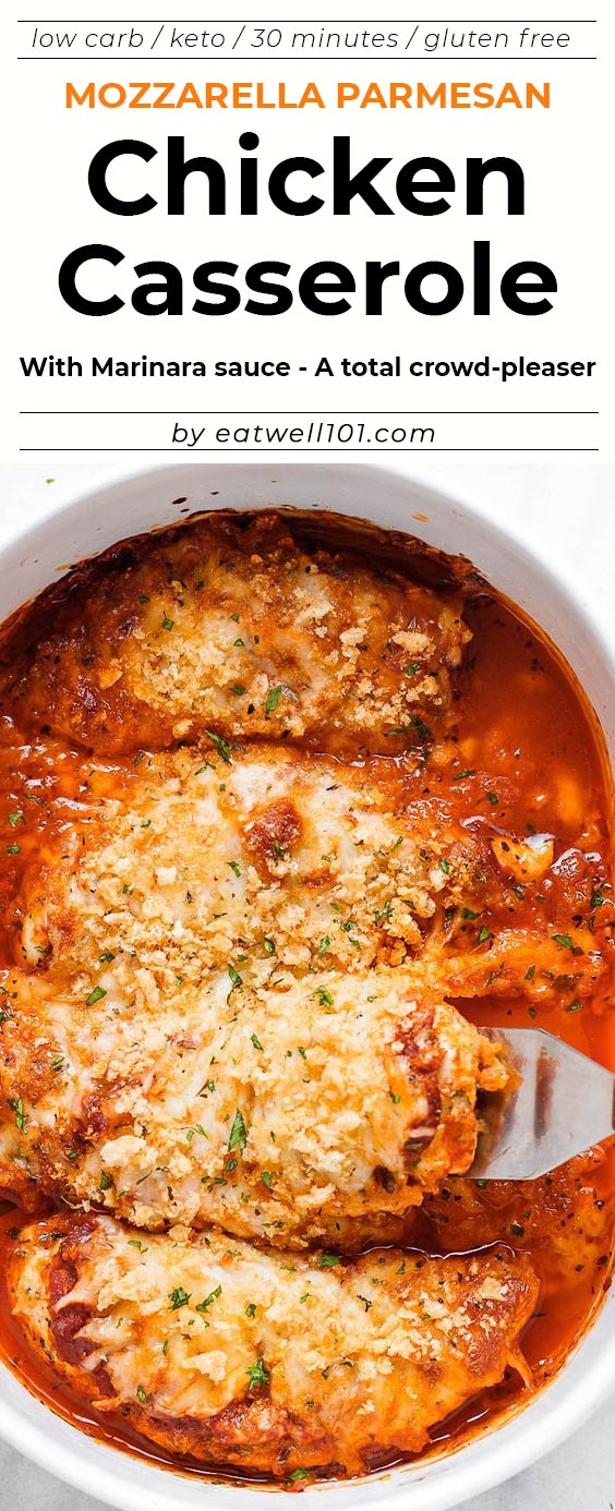 Crispy Chicken Parmesan Casserole Recipe -  #eatwell101,#recipe Crisp and cheesy, this 30 minute keto chicken parmesan casserole is a dream come true! #Mozzarella #Parmesan #Chicken #Casserole #keto #dinner ketodinner #lowcarb low-carbdinner