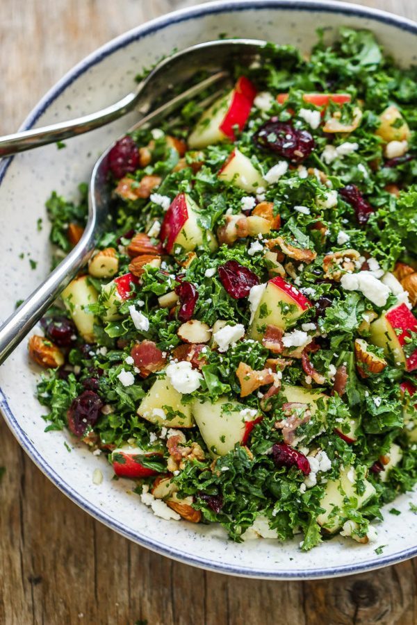 Apple Kale Salad - #recipe by #eatwell101 - https://www.eatwell101.com/apple-cranberry-bacon-kale-salad-recipe