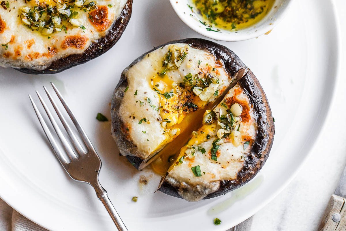 Cheesy Stuffed Portobello Mushrooms with Garlic Butter Sauce