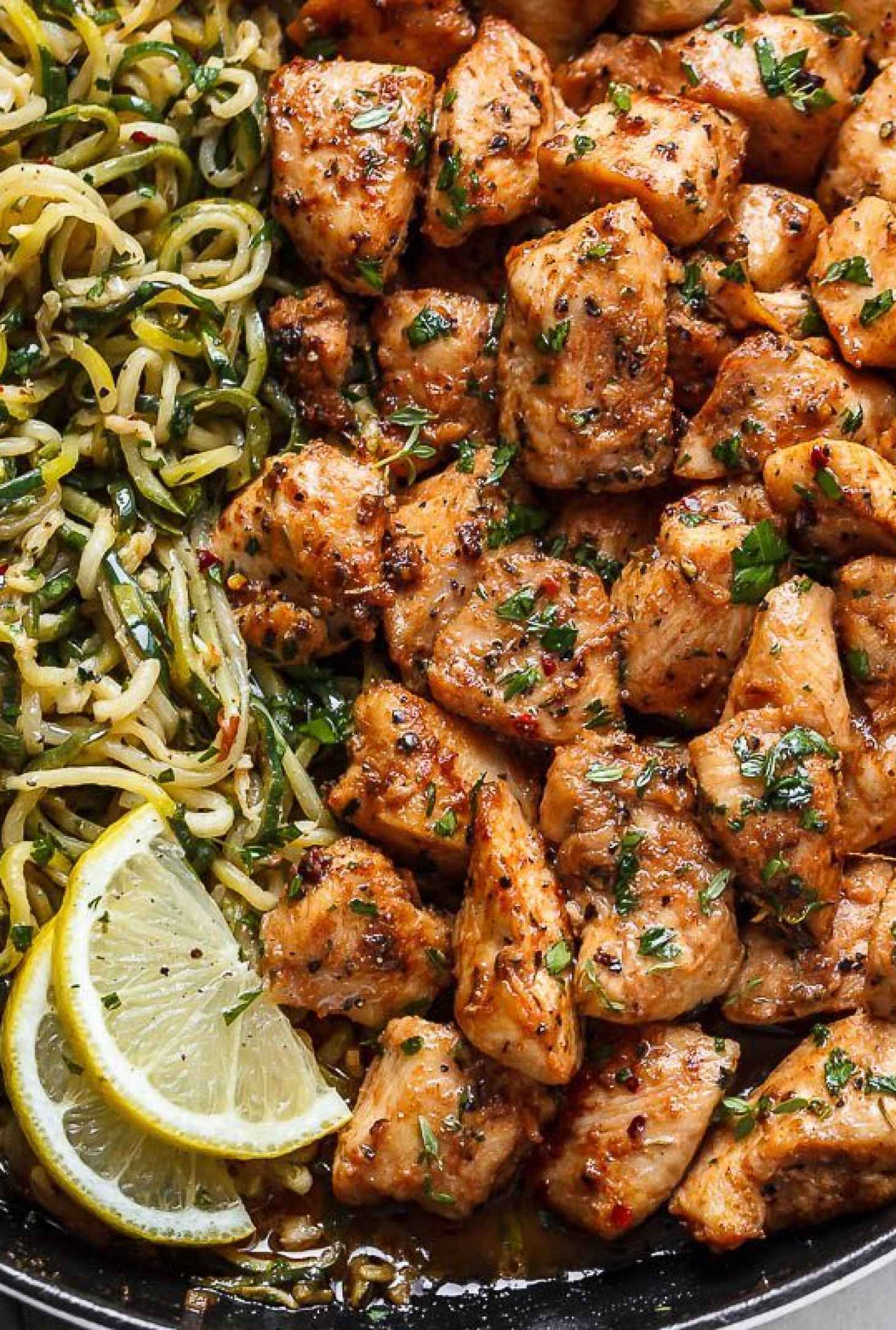 Garlic Butter Chicken Bites with Lemon Zucchini Noodles - #recipe by #eatwell101 - https://www.eatwell101.com/garlic-butter-chicken-bites-with-lemon-zucchini-noodles
