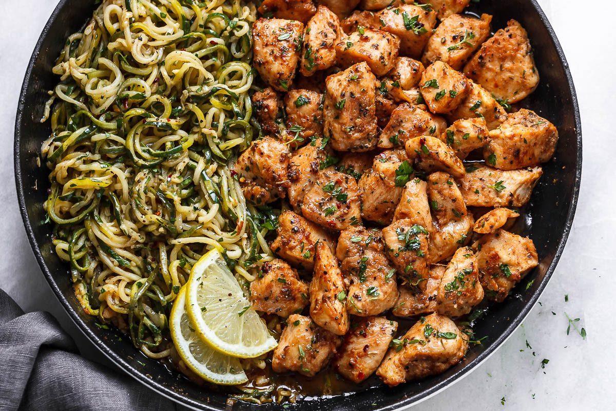 Garlic Butter Chicken Bites with Lemon Zucchini Noodles