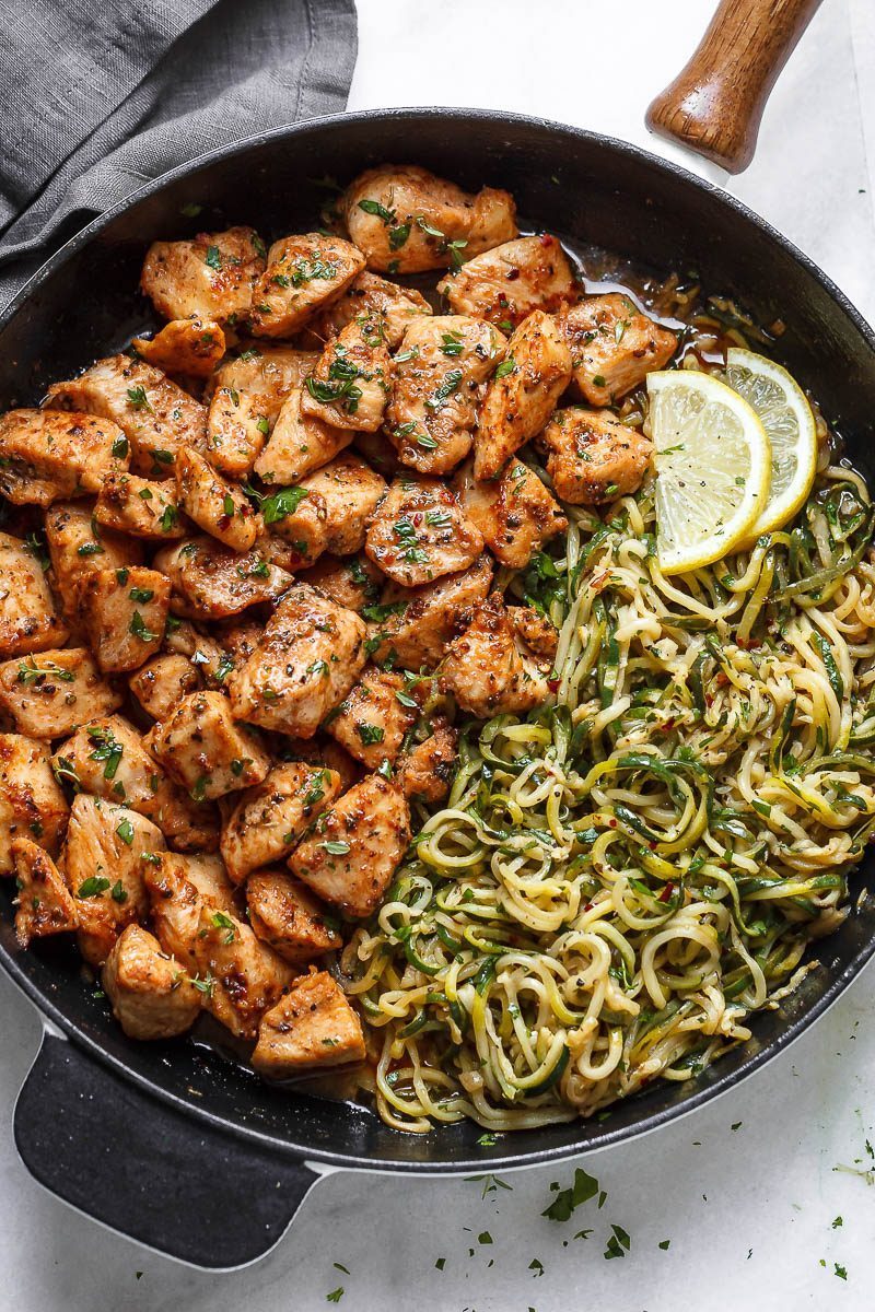 Garlic Butter Chicken Bites With Lemon Zucchini Noodles Recipe Eatwell101