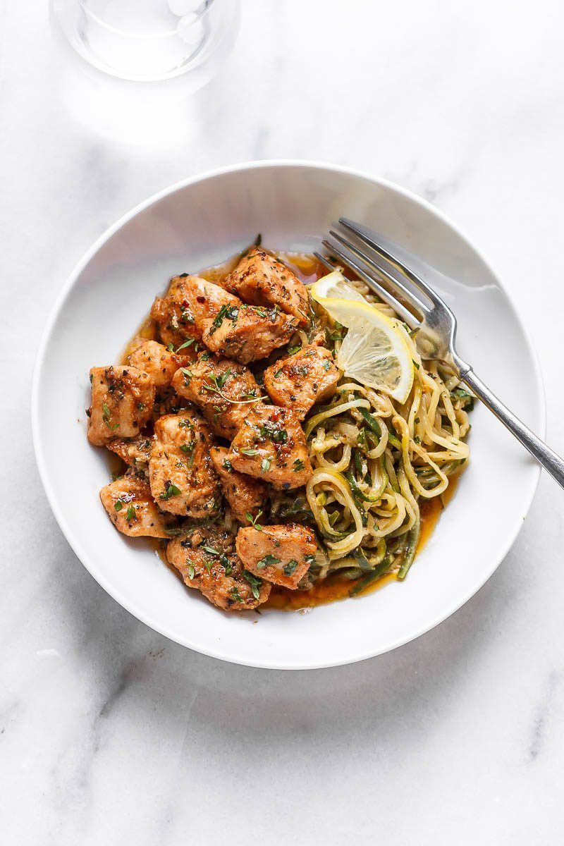 Garlic Butter Chicken Bites with Lemon Zucchini Noodles Recipe — Eatwell101