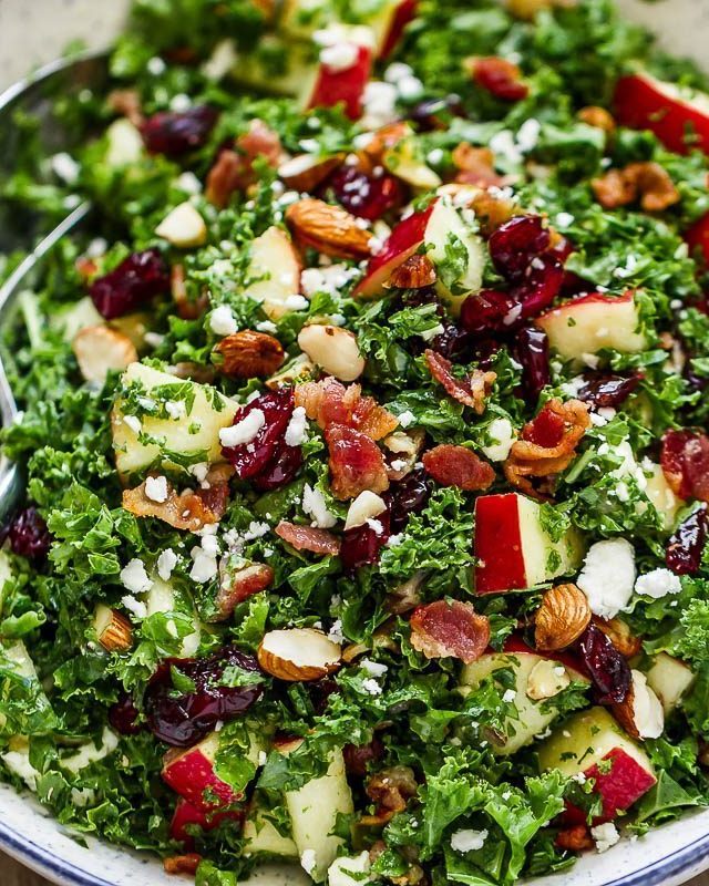 Apple Cranberry Bacon Kale Salad - #recipe by #eatwell101 - https://www.eatwell101.com/apple-cranberry-bacon-kale-salad-recipe