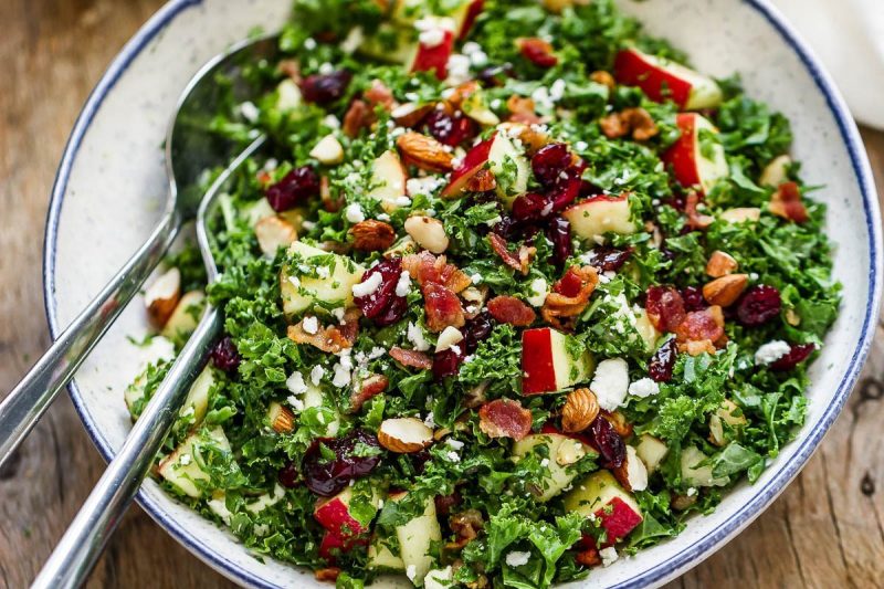 Apple Cranberry Bacon Kale Salad - #recipe by #eatwell101 - https://www.eatwell101.com/apple-cranberry-bacon-kale-salad-recipe