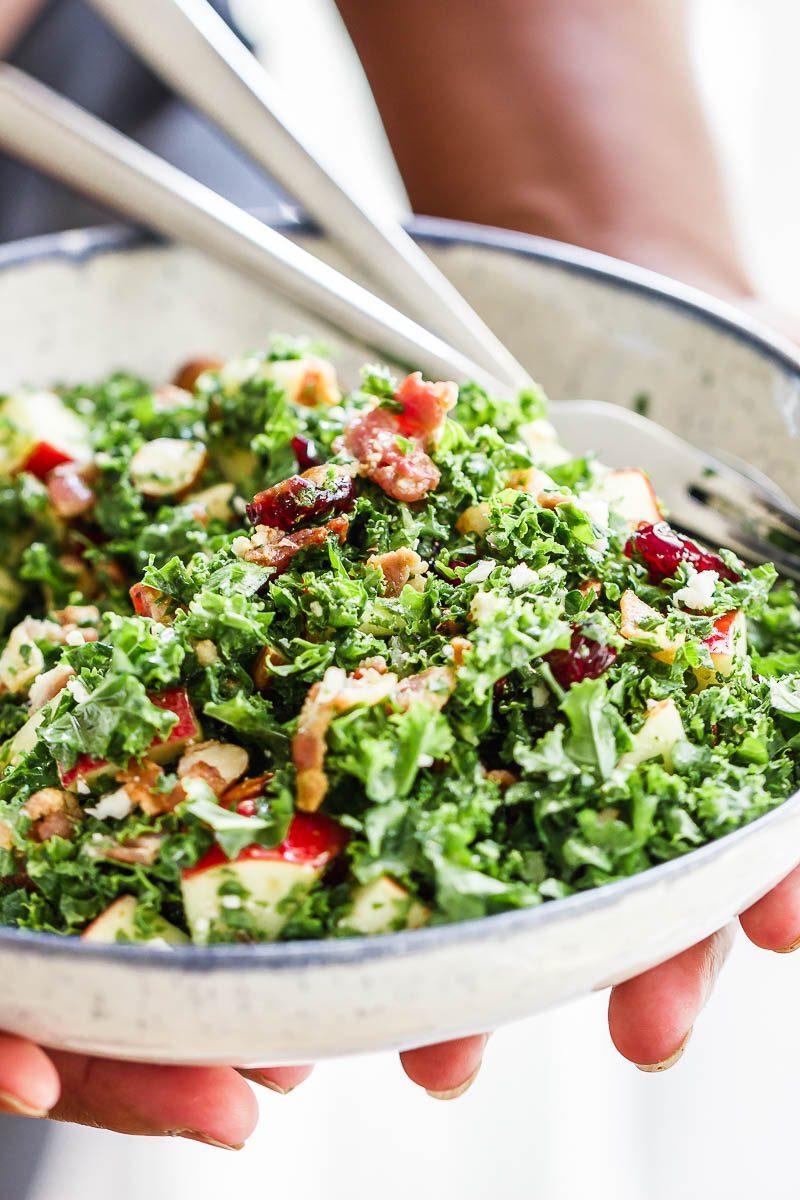 Apple Cranberry Bacon Kale Salad - Not only this salad recipe is packed full of hearty nutrients, but it tastes amazing too!