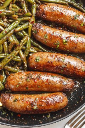 Garlic Butter Sausages with Lemon Green Beans