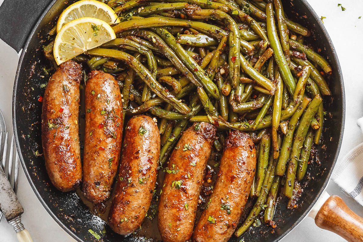 Garlic Butter Sausages with Lemon Green Beans