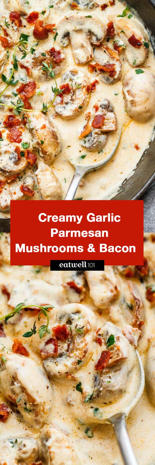 Creamy Garlic Parmesan Mushrooms with Bacon - A decadent garlic parmesan mushroom cream sauce that will have you licking your plate clean!