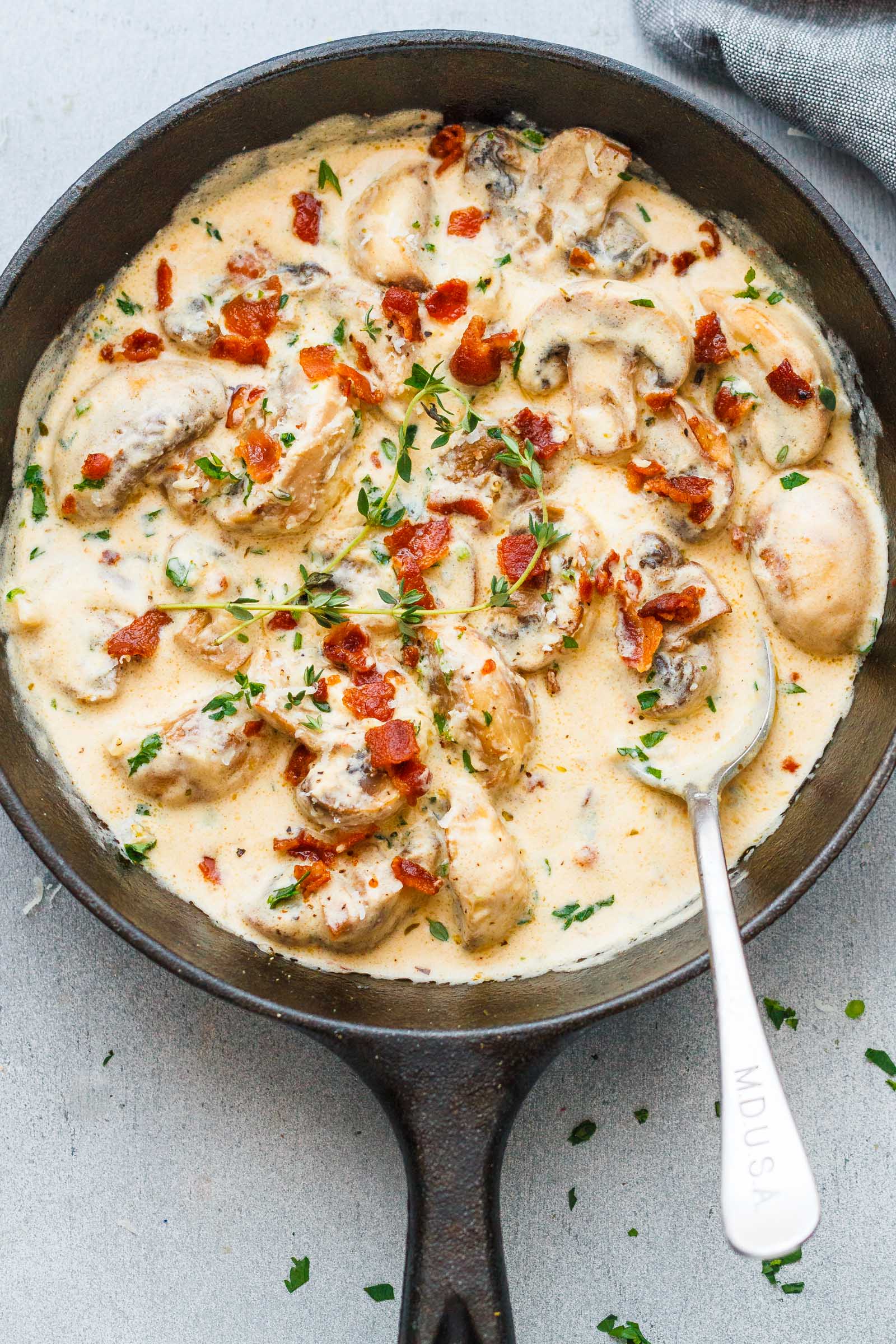 Creamy Garlic Parmesan Mushrooms with Bacon - A decadent garlic parmesan mushroom cream sauce that will have you licking your plate clean!