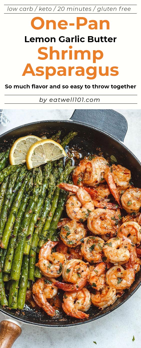 Lemon Garlic Butter Shrimp with Asparagus - #eatwell101 #recipe - So much flavor and so easy to throw together, this #shrimp #dinner is a winner!