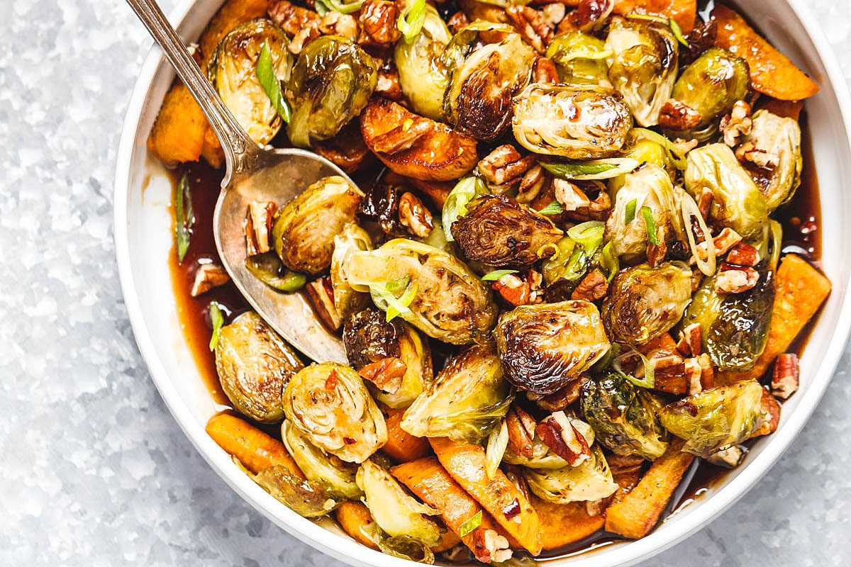 Roasted Brussels Sprouts and Sweet Potato with Balsamic Honey Glaze