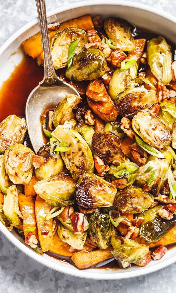 Roasted Brussels Sprouts and Sweet Potato with Balsamic Honey Glaze