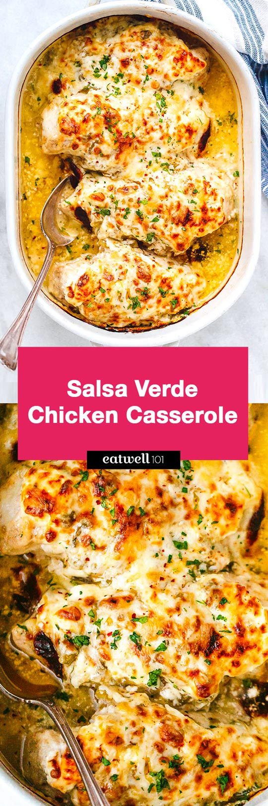 Salsa Verde Chicken Casserole with Cream Cheese and Mozzarella - #eatwell101 #recipe  Loaded with flavor and so comforting, it’s seriously good chicken! 
Salsa Verde #Chicken #Casserole  #CreamCheese #Mozzarella  #keto friendly, #glutenfree, #lowcarb