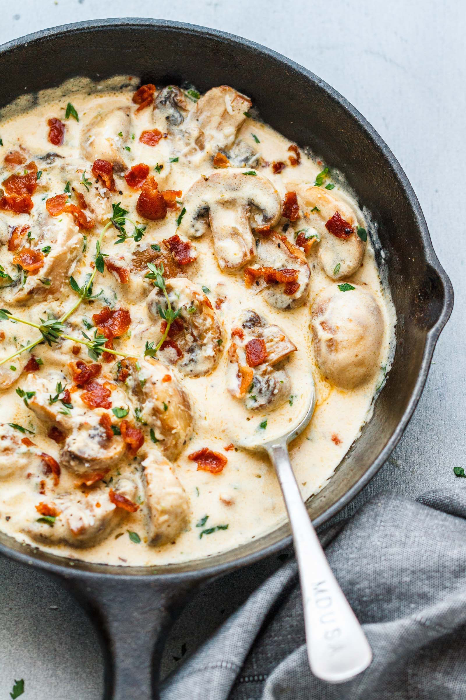 Creamy Garlic Parmesan Mushrooms with Bacon - A decadent garlic parmesan mushroom cream sauce that will have you licking your plate clean!