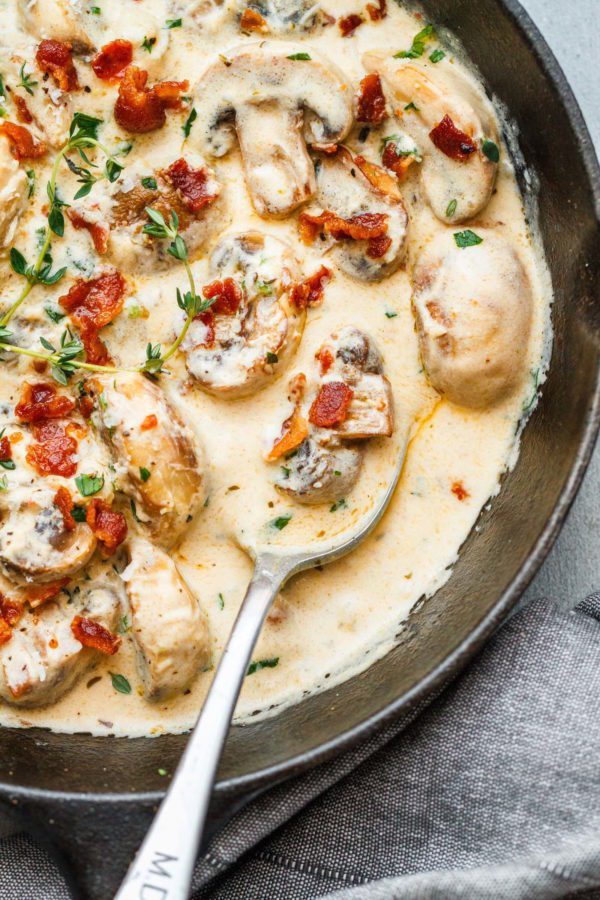 Creamy Garlic Parmesan Mushrooms with Bacon - #recipe by #eatwell101 - https://www.eatwell101.com/creamy-garlic-parmesan-mushrooms-recipe