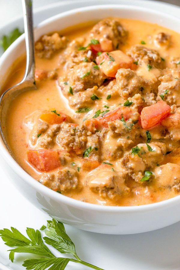 Sausage Parmesan Cream Cheese Soup - #recipe by #eatwell101 - https://www.eatwell101.com/sausage-parmesan-cream-cheese-soup-recipe