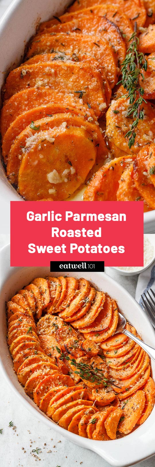 Garlic Parmesan Roasted Sweet Potatoes Recipe - #eatwell101 #recipe Tender, extra-flavorful Roasted Sweet Potatoes  and easy to make. 