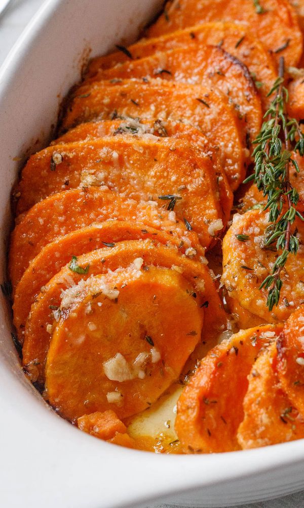 Roasted Sweet Potatoes with garlic and Parmesan