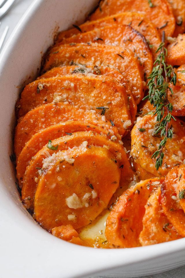 Roasted Sweet Potatoes with garlic and Parmesan