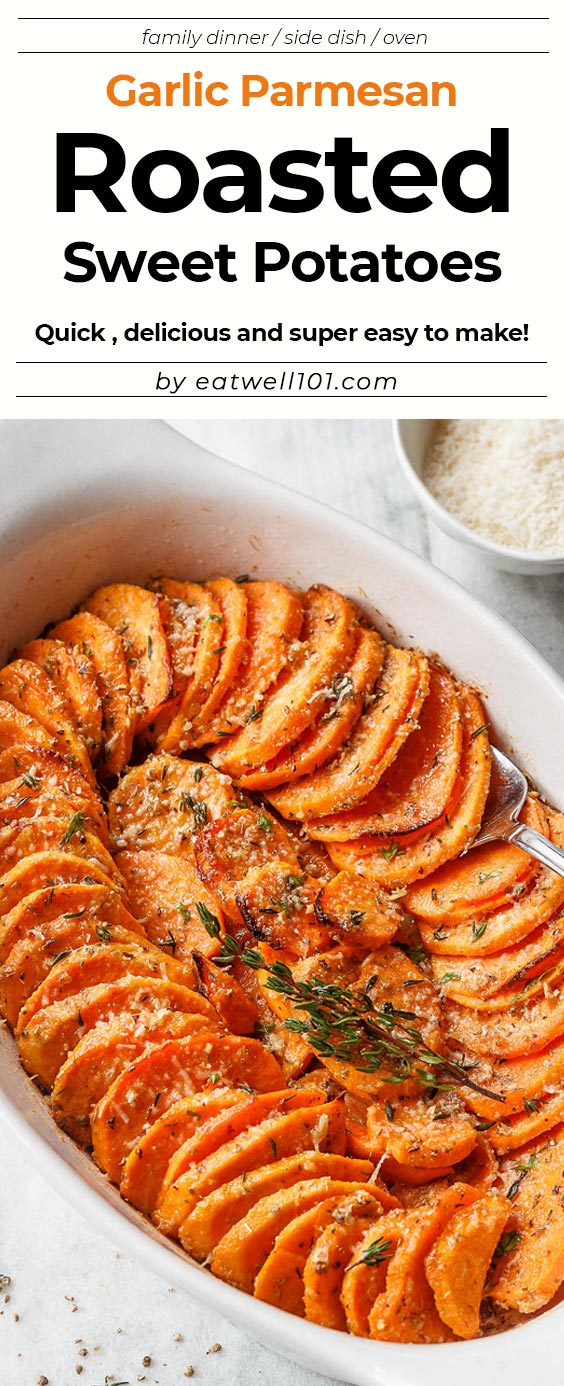 Garlic Parmesan Roasted Sweet Potatoes Recipe - #eatwell101 #recipe Tender, extra-flavorful Roasted Sweet Potatoes  and easy to make. 