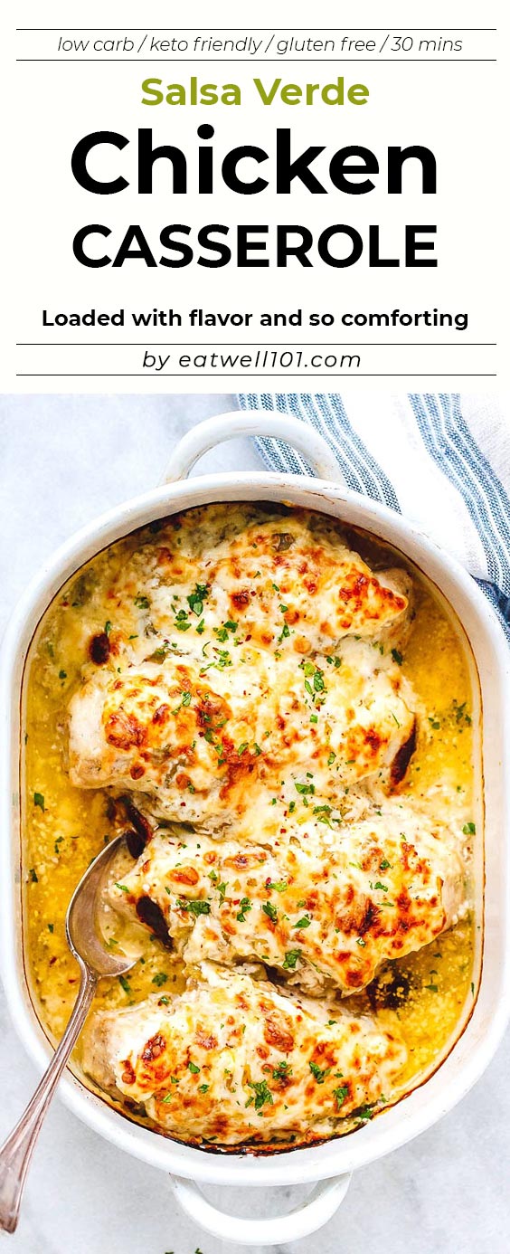 Salsa Verde Chicken Casserole with Cream Cheese and Mozzarella - #eatwell101 #recipe  Loaded with flavor and so comforting, it’s seriously good chicken! 
