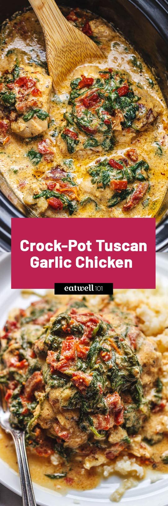 Crock-Pot Tuscan Garlic Chicken thighs Recipe - #eatwell101 #recipe Succulent Crock-Pot chicken cooked in Spinach, garlic, sun-Dried Tomatoes, cream and parmesan cheese. so easy to prep! The easiest, most unbelievably delicious Crock-Pot Dump Dinner your whole family will love! #CrockPot Tuscan #Garlic #Chicken #Recipe #sunDried #Tomatoes, #cream  #parmesan #cheese #Dinner