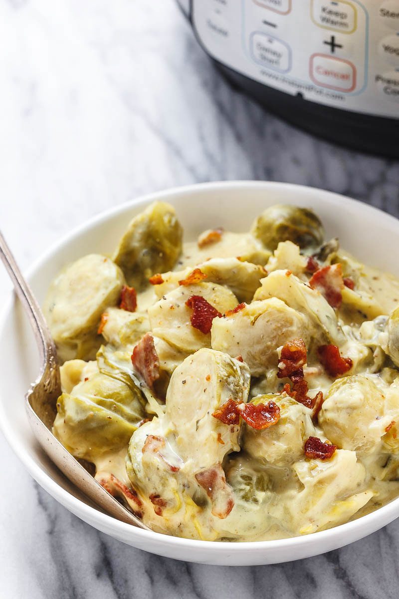 Creamy Instant Pot Brussels Sprouts - #eatwell101 #recipe #keto #lowcarb #glutenfree #vegetarian - Creamy and savory, this side dish with brussels sprouts and bacon is outstanding all on its own!