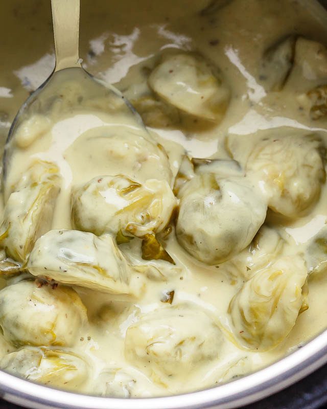 2-Minutes Instant Pot Creamy Brussels Sprouts with Garlic Cream Cheese Parmesan Sauce - #recipe by #eatwell101 - https://www.eatwell101.com/instant-pot-brussels-sprouts-recipe