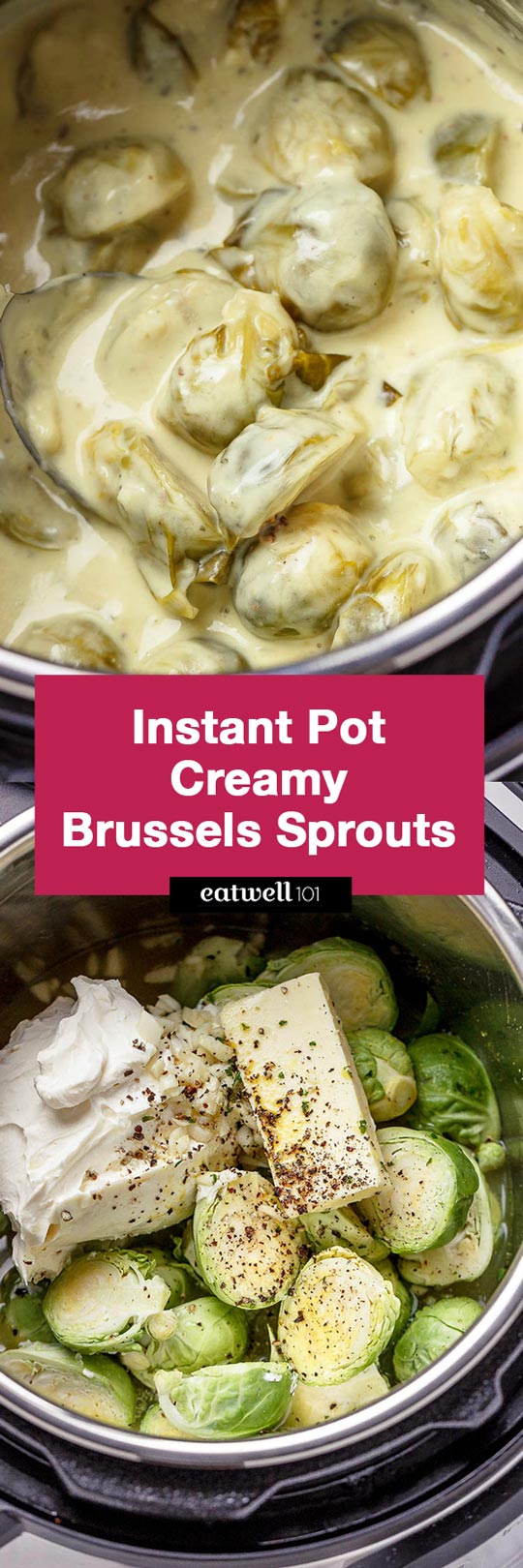 Creamy Instant Pot Brussels Sprouts - #eatwell101 #recipe #keto #lowcarb #glutenfree #vegetarian - Creamy and savory, this side dish with brussels sprouts and bacon is outstanding all on its own!