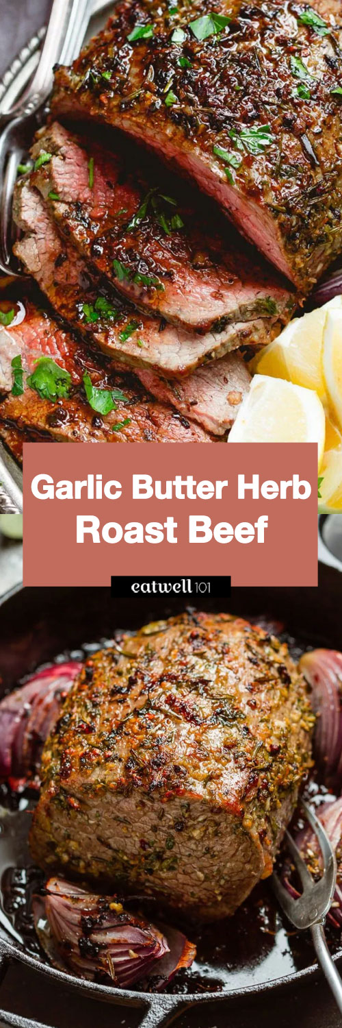 Garlic Butter Herb Roast Beef - #eatwell101 #recipe #beef #dinner - Tender and juicy, your guests will go crazy for this garlic butter herb roast sirloin! 