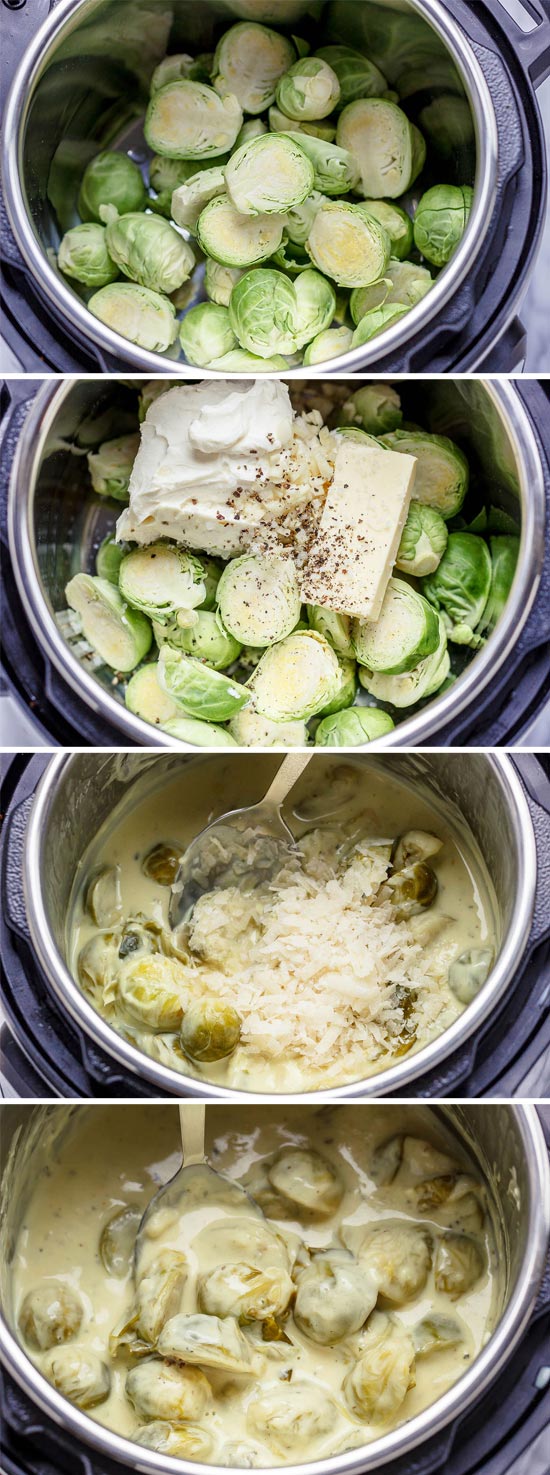 Creamy Instant Pot Brussels Sprouts - #eatwell101 #recipe #keto #lowcarb #glutenfree #vegetarian - Creamy and savory, this side dish with brussels sprouts and bacon is outstanding all on its own!