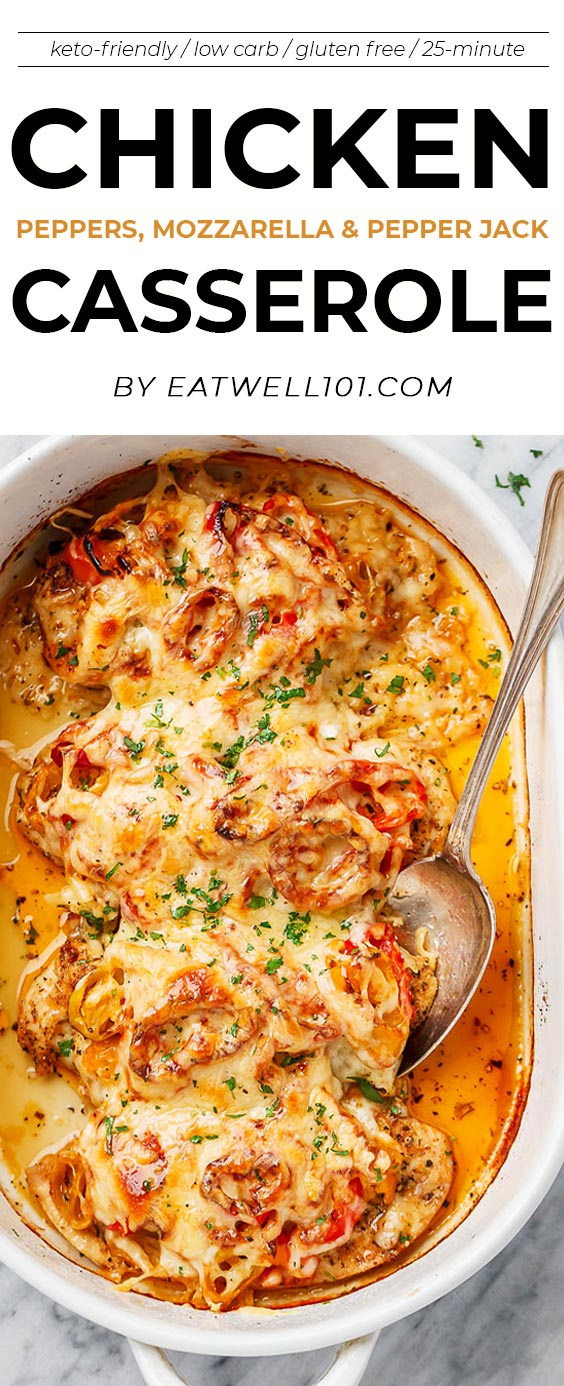 Baked Chicken Casserole with Pickled Chili, Mozzarella & Pepper Jack -  #eatwell101 #recipe #keto #lowcarb - This crazy delicious baked #chicken #casserole is so quick and easy to make. Baked Chicken casserole, Chicken breast casserole, chicken casserole #dinner