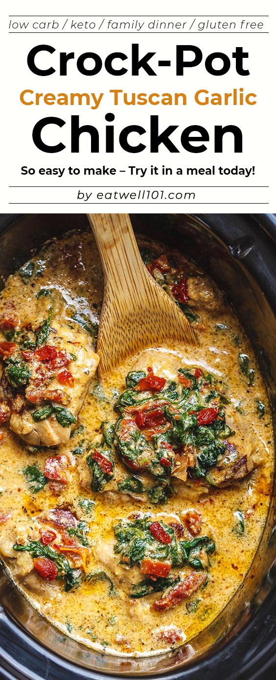 Crock-Pot Tuscan Garlic Chicken thighs Recipe - #eatwell101 #recipe Succulent Crock-Pot chicken cooked in Spinach, garlic, sun-Dried Tomatoes, cream and parmesan cheese. so easy to prep! The easiest, most unbelievably delicious Crock-Pot Dump Dinner your whole family will love! #CrockPot Tuscan #Garlic #Chicken #Recipe #sunDried #Tomatoes, #cream  #parmesan #cheese #Dinner